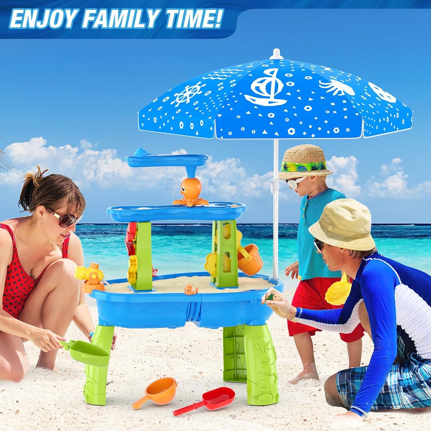 Water Table for Toddlers 3-5, 3-Tier Kids Splash Sand Table Water Toys with Umbrella, Rain Showers Splash Pond for Outdoor Beach Backyard Summer, Activity Sensory Playset for Boys Girls, Blue